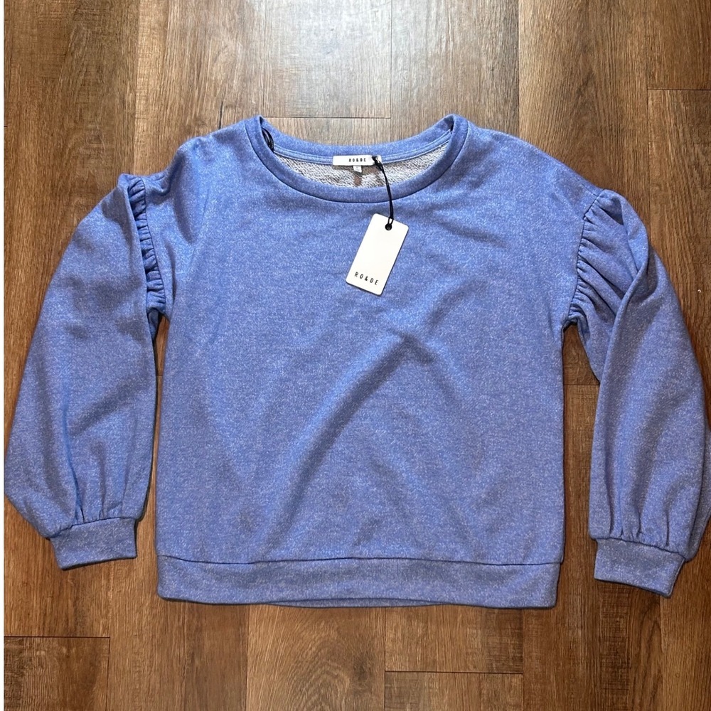 RO&DE Womens Blue Puff Sleeve Sweatshirt Heathered Crewneck Top Small NEW